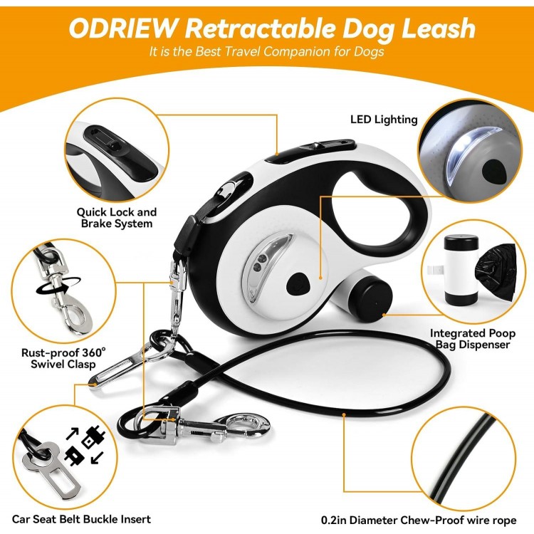 Heavy Duty Retractable Dog Leash for Large Dogs, 26ft with Chew Proof Cable, LED Light, Dispenser, 2 Poop Bags. 360° No Tangle, One Button Brake & Lock, for Dogs Up to 110Lbs. (White, 26ft)