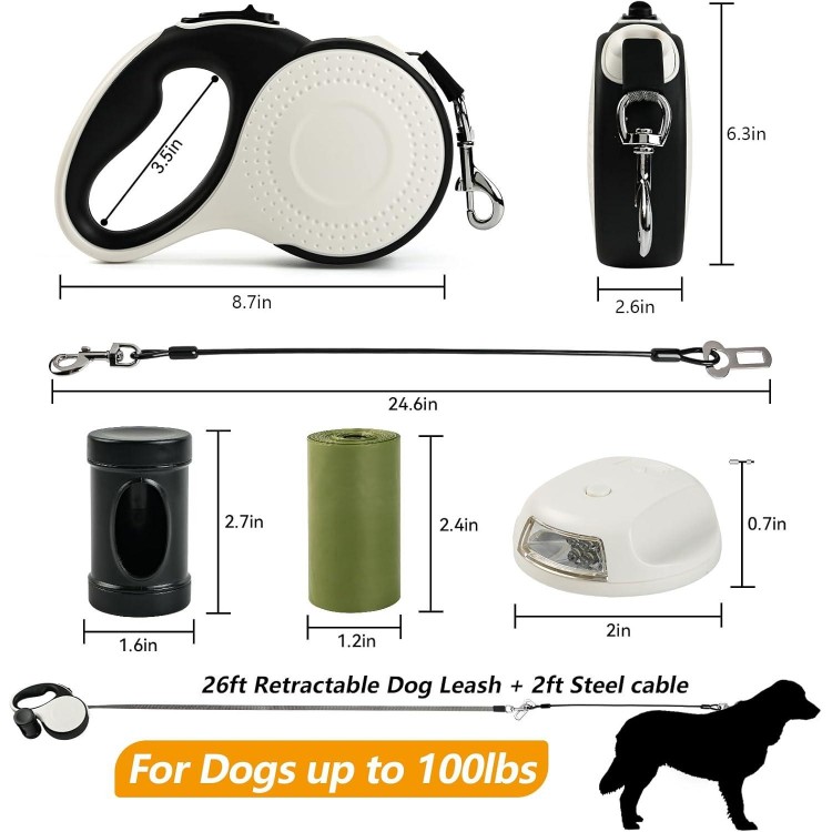 Heavy Duty Retractable Dog Leash for Large Dogs, 26ft with Chew Proof Cable, LED Light, Dispenser, 2 Poop Bags. 360° No Tangle, One Button Brake & Lock, for Dogs Up to 100Lbs. (White, 26ft)