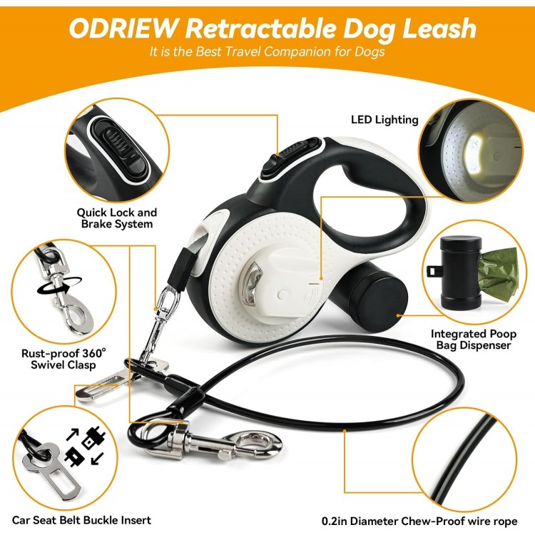 Heavy Duty Retractable Dog Leash for Large Dogs, 26ft with Chew Proof Cable, LED Light, Dispenser, 2 Poop Bags. 360° No Tangle, One Button Brake & Lock, for Dogs Up to 100Lbs. (White, 26ft)