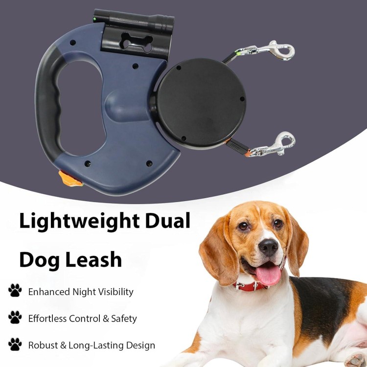 Dual Retractable Dog Leash, Extendable Walking Leash for Two Dogs with Traction Rope, Supports up to 50lbs Each Black