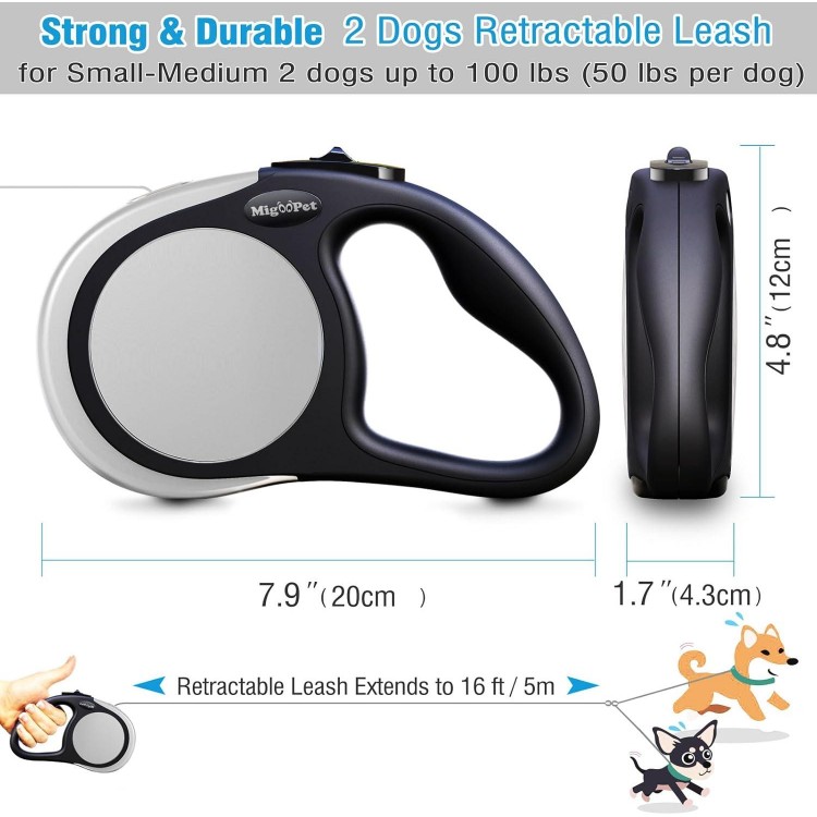 Double Retractable Dog Leash for Two Dogs Up to 50 lbs Per Dog - 16 ft Coupler Dog Leashes for Small Medium Dogs - One Locked System, Non Slip Grip, Tangle Free