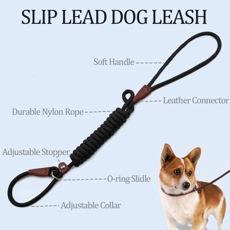 MayPaw Slip Lead Control Leash for Dogs No Pull, 13+ Colors Classic Dog Leash 7 FT Pet Slip Leash, 1/4” Rope Leash for Small Medium Animals (7ft*1/4, Black)