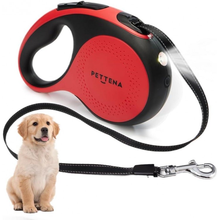 【LED Light Ver.】 PETTENA One-Touch Retractable Dog Leash for Small/Medium Dogs up to 66lbs, 16FT Puppy Leash, Reflective Dog Leash with Anti-Chew Cable 360° Tangle-Free