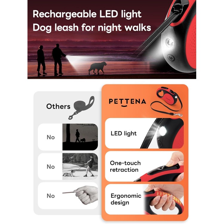 【LED Light Ver.】 PETTENA One-Touch Retractable Dog Leash for Small/Medium Dogs up to 66lbs, 16FT Puppy Leash, Reflective Dog Leash with Anti-Chew Cable 360° Tangle-Free