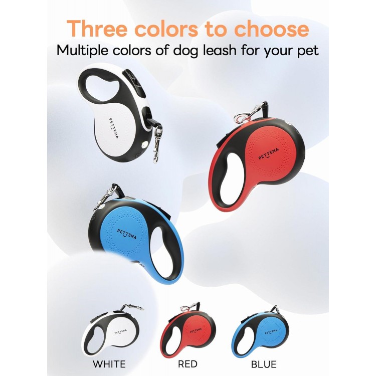 【LED Light Ver.】 PETTENA One-Touch Retractable Dog Leash for Small/Medium Dogs up to 66lbs, 16FT Puppy Leash, Reflective Dog Leash with Anti-Chew Cable 360° Tangle-Free