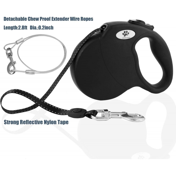 16ft Retractable Dog Leash for Large Breed Dogs up to 110 lbs with a Detachable Chew Proof Extender Wire Ropes (Black L)