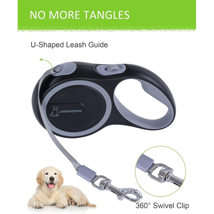 26FT Chew Proof Retractable Dog Leash with 2 Heavy Duty Anti-Chewing Wire Ropes, 360° Tangle-Free Dog Lead with Anti-Slip Handle for Medium/Large Dogs up to 110 lbs Gray