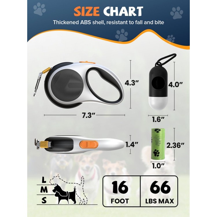 Retractable Dog Leash with LED Flashlight, Douexio Upgrade 3 in 1 Dog Leash Retractable for Small Medium Dogs Up to 66 lbs, 16ft, Anti-Slip Handle (Black-White)