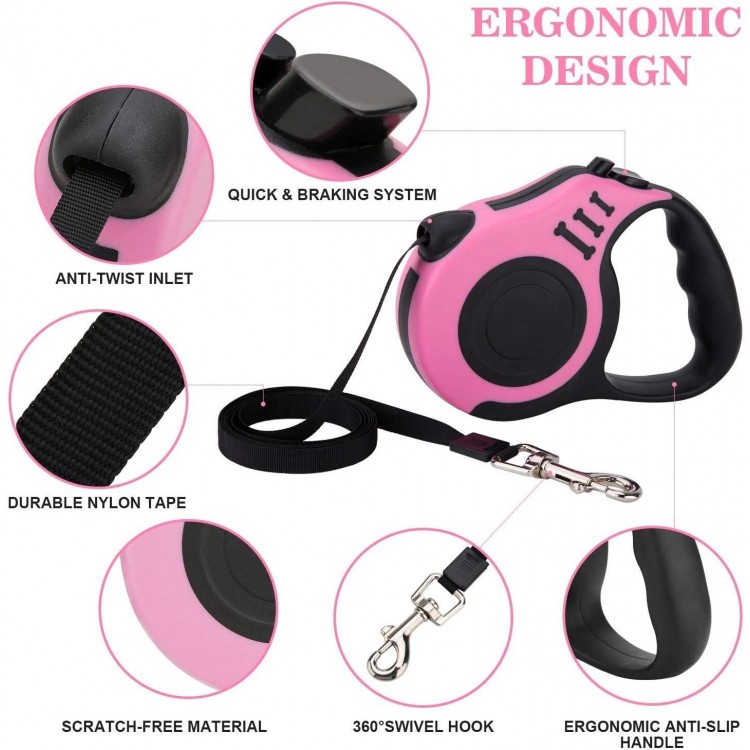 Retractable Dog Leash + Holder for Apple Airtag, 16 Feet Long Suitable for Small Medium Dogs up to 33lbs, Pink