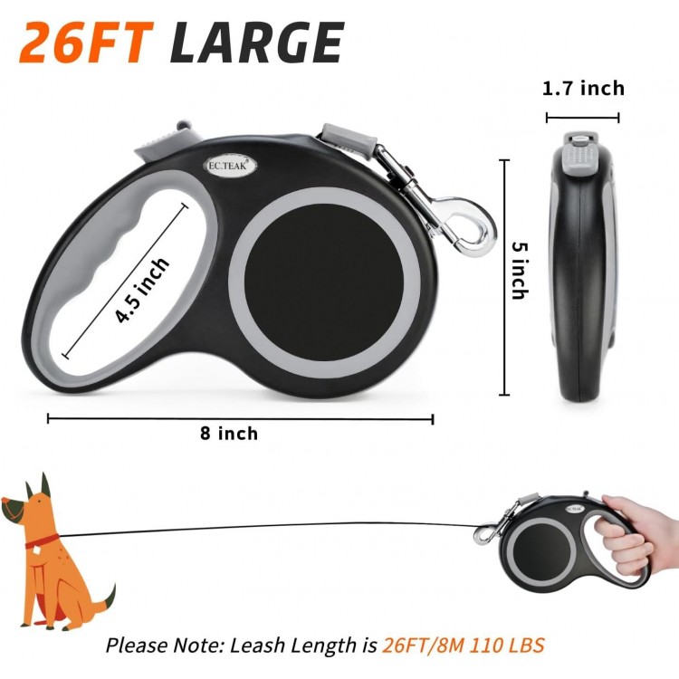 Retractable Dog Leash 26 FT, Heavy Duty Dog Leash for Dogs up to 110lbs, Strong Nylon Tape No Tangle, One-Handed Brake, Pause, Lock, Perfect for Medium Large Dogs (Black, 26 FT(66-110 LBS))