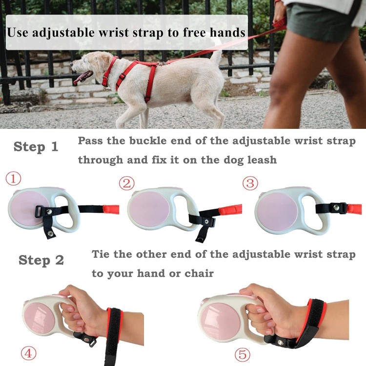 Dog Leash Wrist Strap for Retractable Dog Leash, Hands Free Adjustable Velcro Wrist Safety Strap for Leash, Red