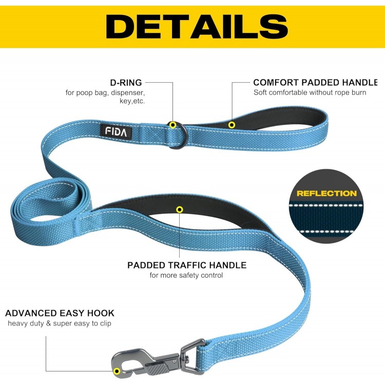 Fida 5 FT Heavy Duty Dog Leash with 2 Comfortable Padded Handles, Traffic Handle & Advanced Easy Snap Hook, Reflective Walking Lead for Large, Medium & Small Breed Dogs, Blue