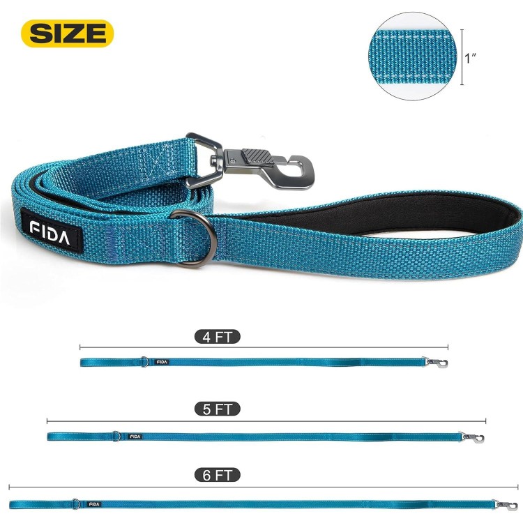 Fida 5 FT Heavy Duty Dog Leash with 2 Comfortable Padded Handles, Traffic Handle & Advanced Easy Snap Hook, Reflective Walking Lead for Large, Medium & Small Breed Dogs, Blue