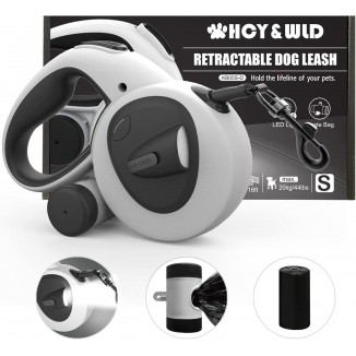 HCY&WLD Upgrade 4-in-1 Retractable Dog Leash with LED Light & Dispenser & Poop Bags, 16 ft Heavy Duty Dog Leash with Anti-Slip Handle for Dogs up to 44 lbs, 360° Tangle-Free, One Button Brake & Lock