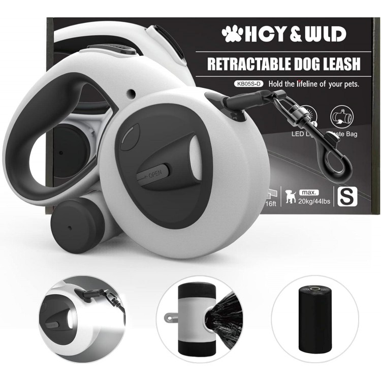 HCY&WLD Upgrade 4-in-1 Retractable Dog Leash with LED Light & Dispenser & Poop Bags, 16 ft Heavy Duty Dog Leash with Anti-Slip Handle for Dogs up to 44 lbs, 360° Tangle-Free, One Button Brake & Lock