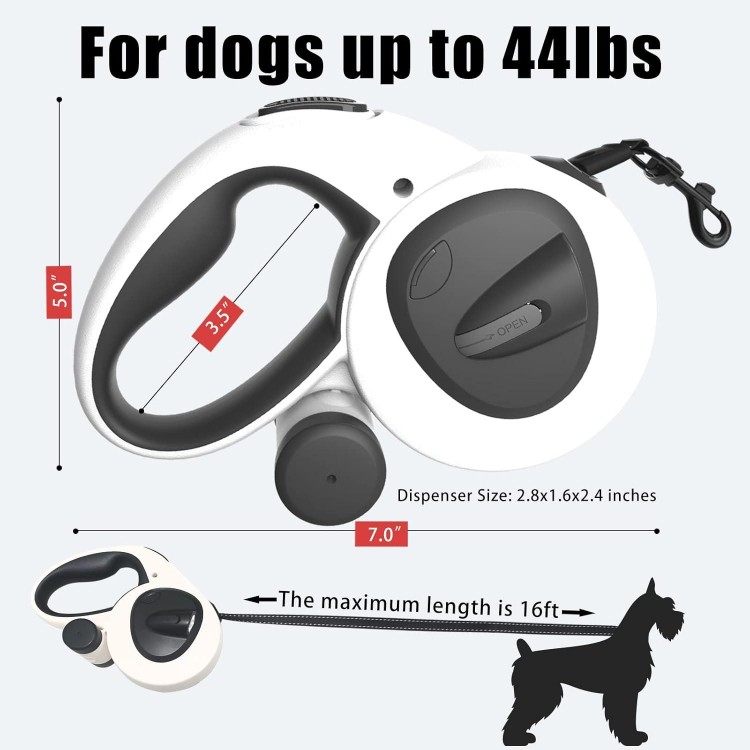 HCY&WLD Upgrade 4-in-1 Retractable Dog Leash with LED Light & Dispenser & Poop Bags, 16 ft Heavy Duty Dog Leash with Anti-Slip Handle for Dogs up to 44 lbs, 360° Tangle-Free, One Button Brake & Lock