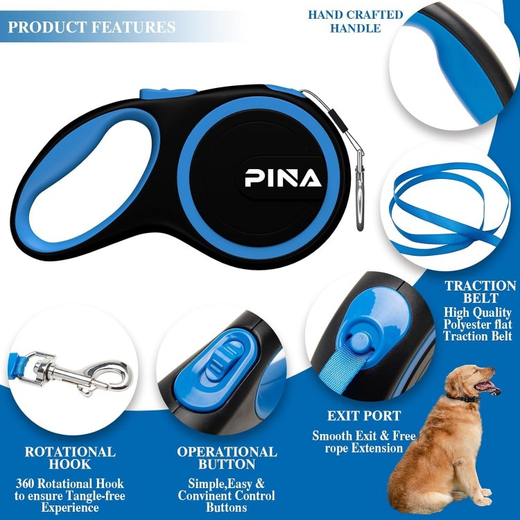 PINA Retractable Dog Leash, 26ft Dog Leash for Small Medium Large Dogs Up to 110lbs, 360° Tangle-Free Strong Reflective Nylon Tape, with Anti-Slip Handle, One-Handed Brake, Lock - Black Blue