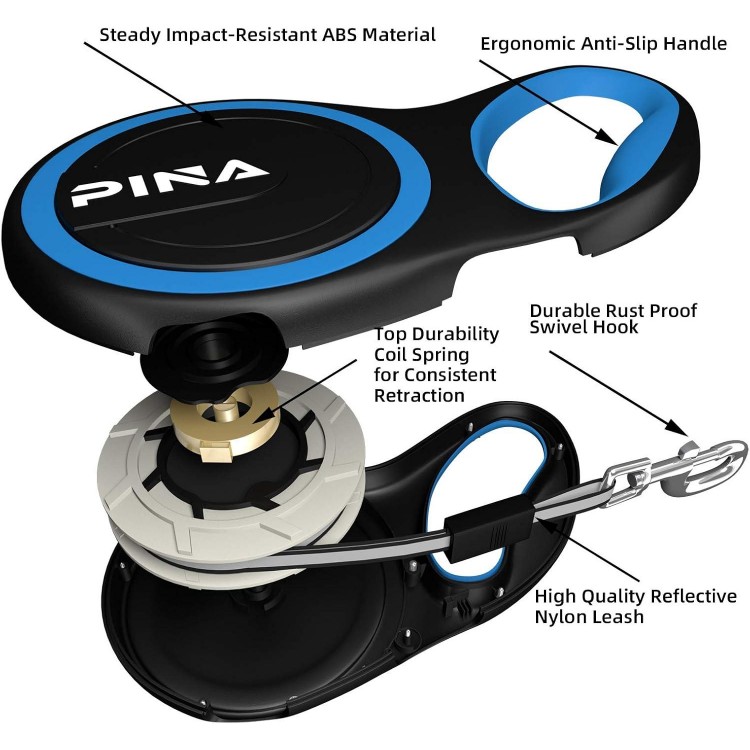 PINA Retractable Dog Leash, 26ft Dog Leash for Small Medium Large Dogs Up to 110lbs, 360° Tangle-Free Strong Reflective Nylon Tape, with Anti-Slip Handle, One-Handed Brake, Lock - Black Blue