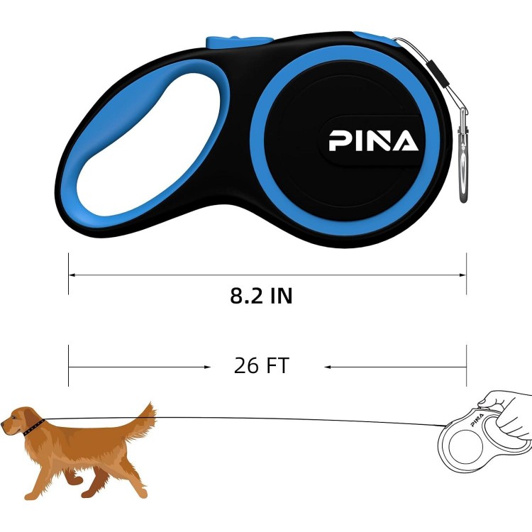 PINA Retractable Dog Leash, 26ft Dog Leash for Small Medium Large Dogs Up to 110lbs, 360° Tangle-Free Strong Reflective Nylon Tape, with Anti-Slip Handle, One-Handed Brake, Lock - Black Blue