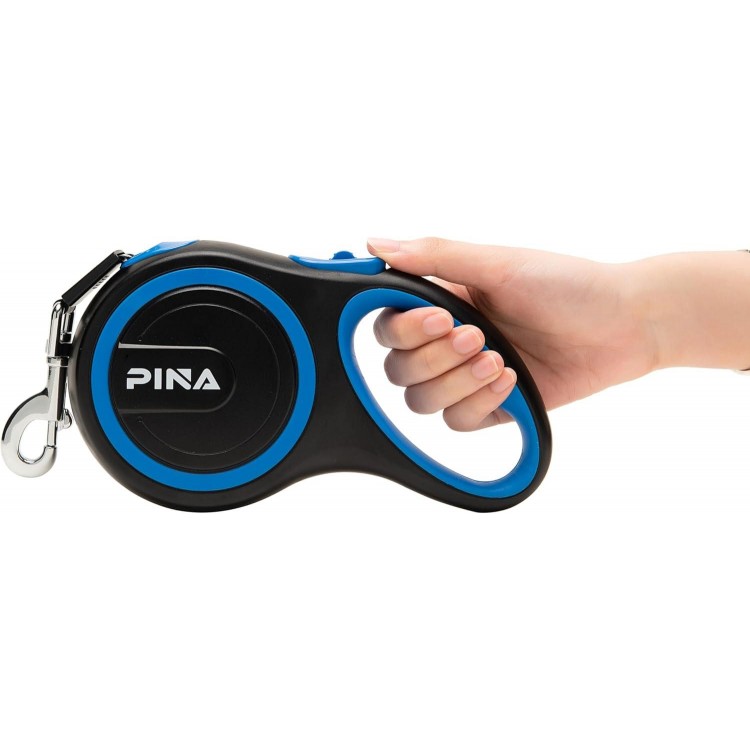 PINA Retractable Dog Leash, 26ft Dog Leash for Small Medium Large Dogs Up to 110lbs, 360° Tangle-Free Strong Reflective Nylon Tape, with Anti-Slip Handle, One-Handed Brake, Lock - Black Blue