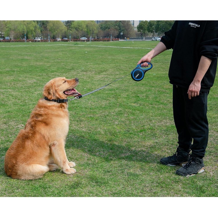 PINA Retractable Dog Leash, 26ft Dog Leash for Small Medium Large Dogs Up to 110lbs, 360° Tangle-Free Strong Reflective Nylon Tape, with Anti-Slip Handle, One-Handed Brake, Lock - Black Blue