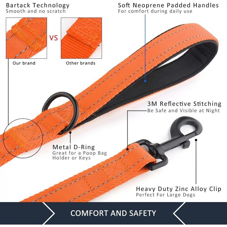 Plutus Pet Dog Leash 6ft long,Traffic Padded Two Handle,Heavy Duty,Reflective Double Handles Lead for Control Safety Training,Leashes for Large Dogs or Medium Dogs,Dual Handles Leads(Orange)