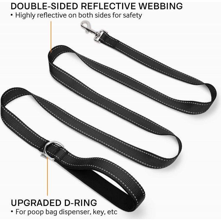 Joytale Double-Sided Reflective Dog Leash, 6 FT/5 FT/4 FT, Padded Handle Nylon Dogs Leashes for Medium & Large Dogs Walking, Black, 6FT