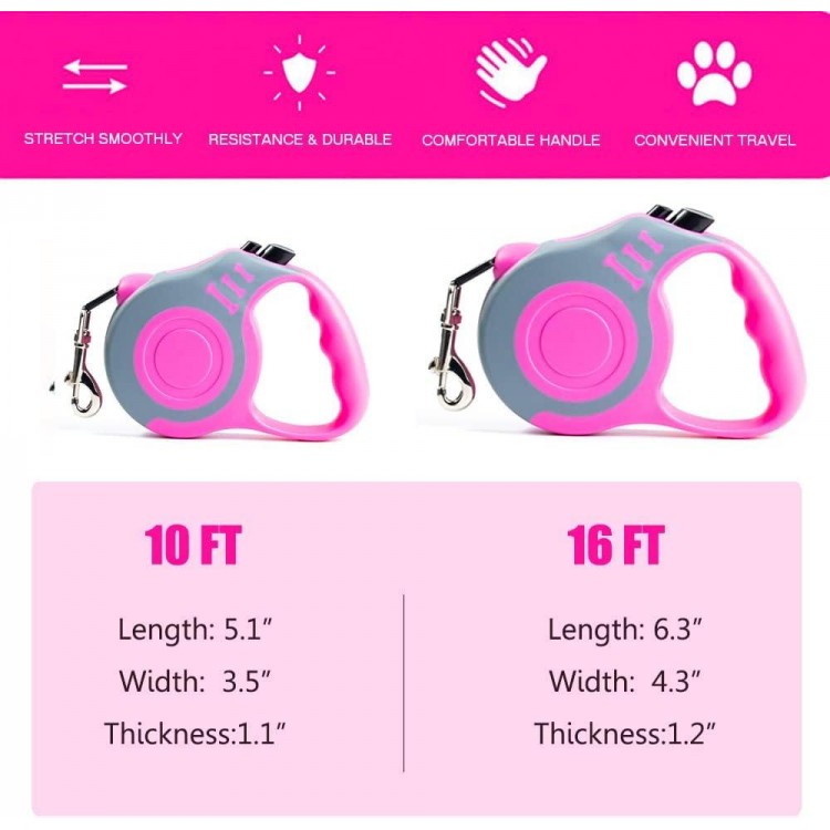 Retractable Dog Leash Lightweight 10/16FT Leash with Non-Slip Handle, for Small Dogs Puppy(Gray Pink, 10FT)