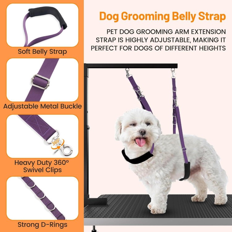 Dog Grooming Belly Strap - Dog Grooming Table Arm Extender with Clamp Extension Loop Bathing Restraint Leash No Sit Haunch Holder for Small & Medium Dog Hair Cutting Washing (Purple)