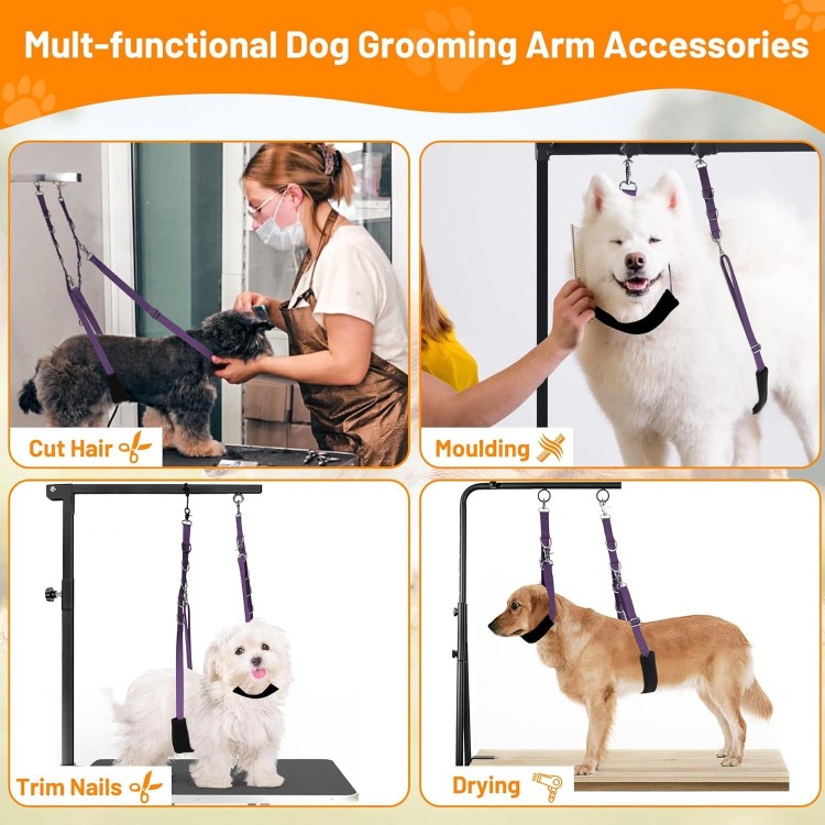 Dog Grooming Belly Strap - Dog Grooming Table Arm Extender with Clamp Extension Loop Bathing Restraint Leash No Sit Haunch Holder for Small & Medium Dog Hair Cutting Washing (Purple)