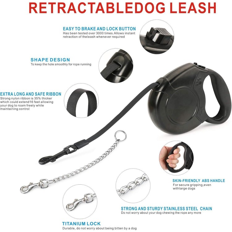 Idepet Heavy Duty Retractable Dog Leash for Small and Medium Dogs, Anti-Chewing Steel Chain 360 Degree Tangle-Free,Break and Lock System,16ft Leash for Dog Walking (Black, Flat Rope)