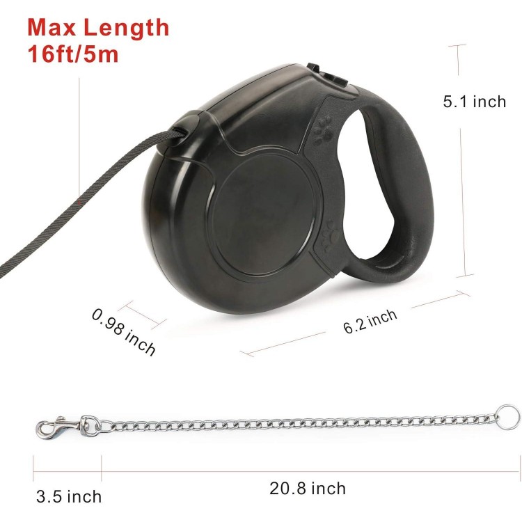 Idepet Heavy Duty Retractable Dog Leash for Small and Medium Dogs, Anti-Chewing Steel Chain 360 Degree Tangle-Free,Break and Lock System,16ft Leash for Dog Walking (Black, Flat Rope)