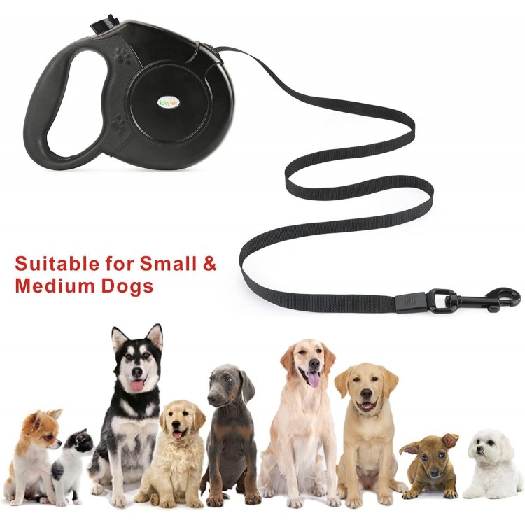 Idepet Heavy Duty Retractable Dog Leash for Small and Medium Dogs, Anti-Chewing Steel Chain 360 Degree Tangle-Free,Break and Lock System,16ft Leash for Dog Walking (Black, Flat Rope)