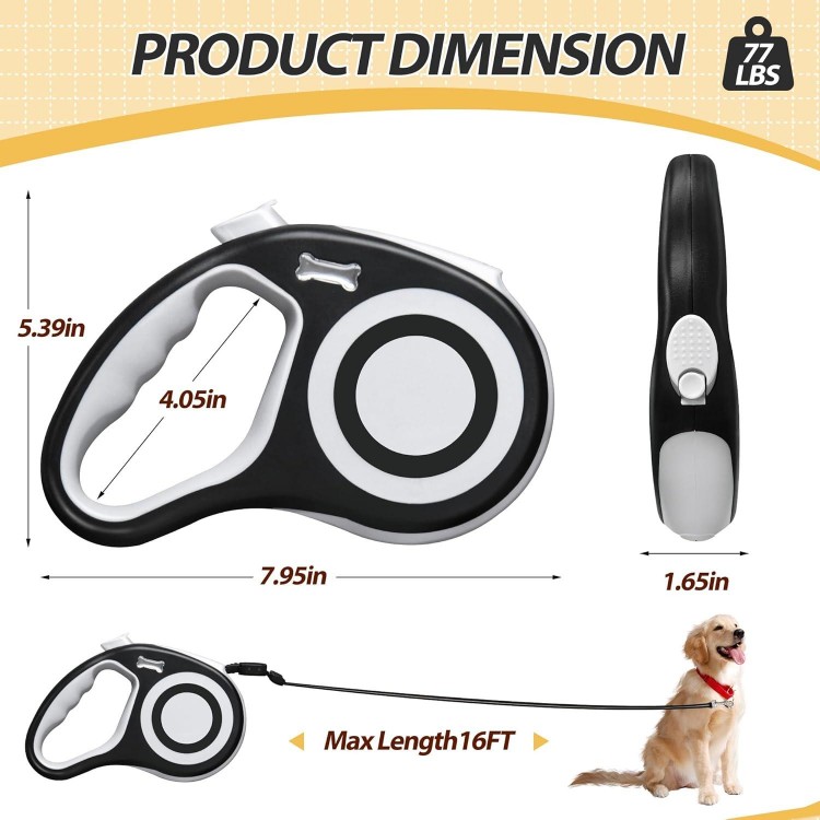 Retractable Dog Leash 16FT, Dog Walking Leash for for Medium Dogs up to 77 lbs,Tangle Free Dog Leash