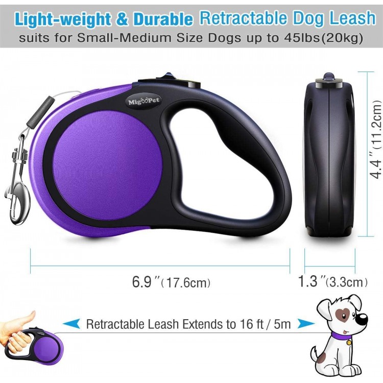 Heavy Duty Retractable Dog Leash-16ft Strong & Durable Walking Leash for S to L Dogs up to 45/115 lbs, Upgraded Lock System, Non Slip Grip, Tangle Free (Small/Medium, Purple)