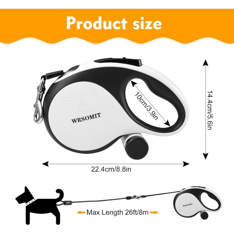 Retractable Dog Leash with Chew Proof Cable, 26Ft Heavy Duty Dog Leash for Small Medium Large Dogs up to 110lbs, 360° No Tangle, One-Handed Brake White