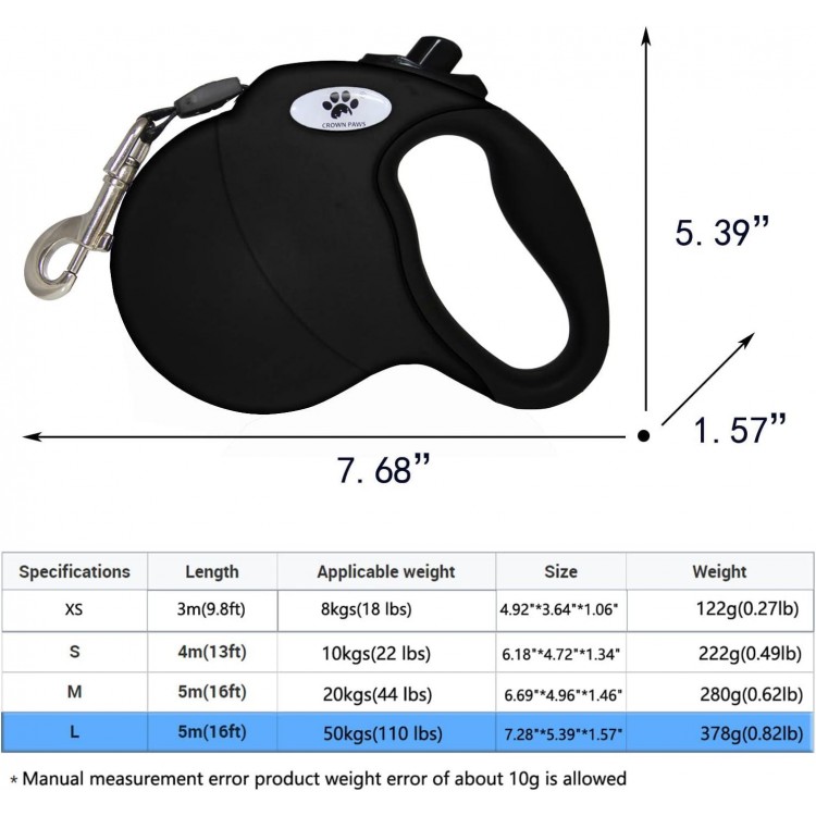 16 ft Retractable Dog Leash for Large Dogs up to 110 lbs,Tangle-Free Nylon Tape,Black L