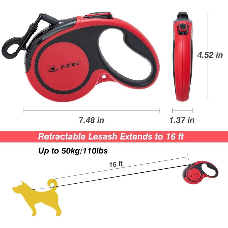 PUPTECK Retractable Dog Leash with Anti-Chewing Steel Wire, 360°Tangle-Free Pet Walking Leash for Small Medium Large Dogs, Heavy Duty up to 110lbs, 16ft Strong Reflective Leash, One-Hand Brake Red