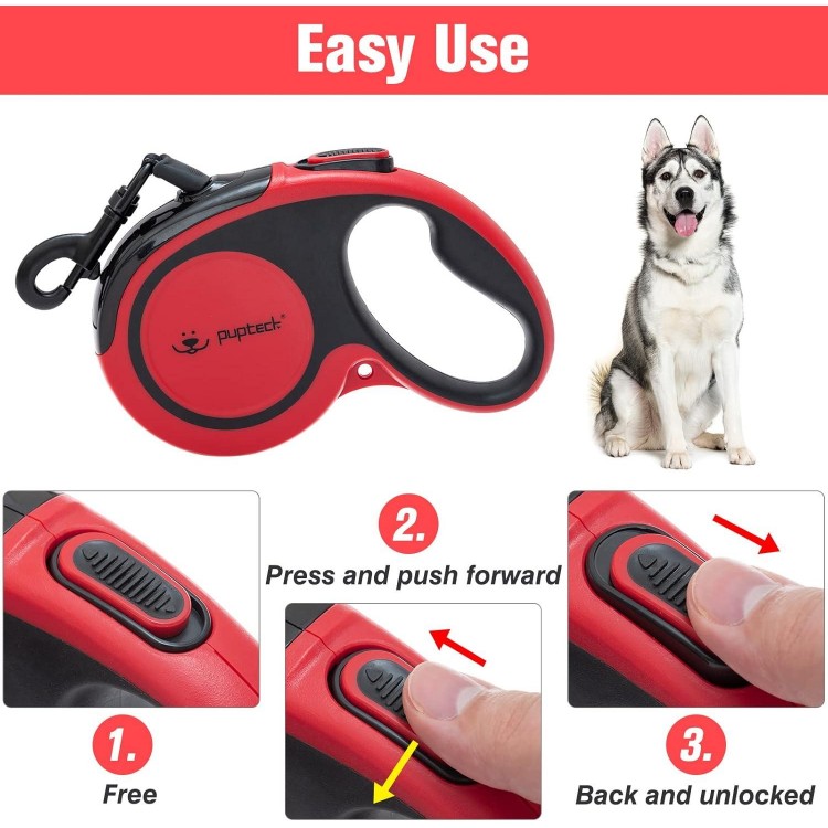 PUPTECK Retractable Dog Leash with Anti-Chewing Steel Wire, 360°Tangle-Free Pet Walking Leash for Small Medium Large Dogs, Heavy Duty up to 110lbs, 16ft Strong Reflective Leash, One-Hand Brake Red