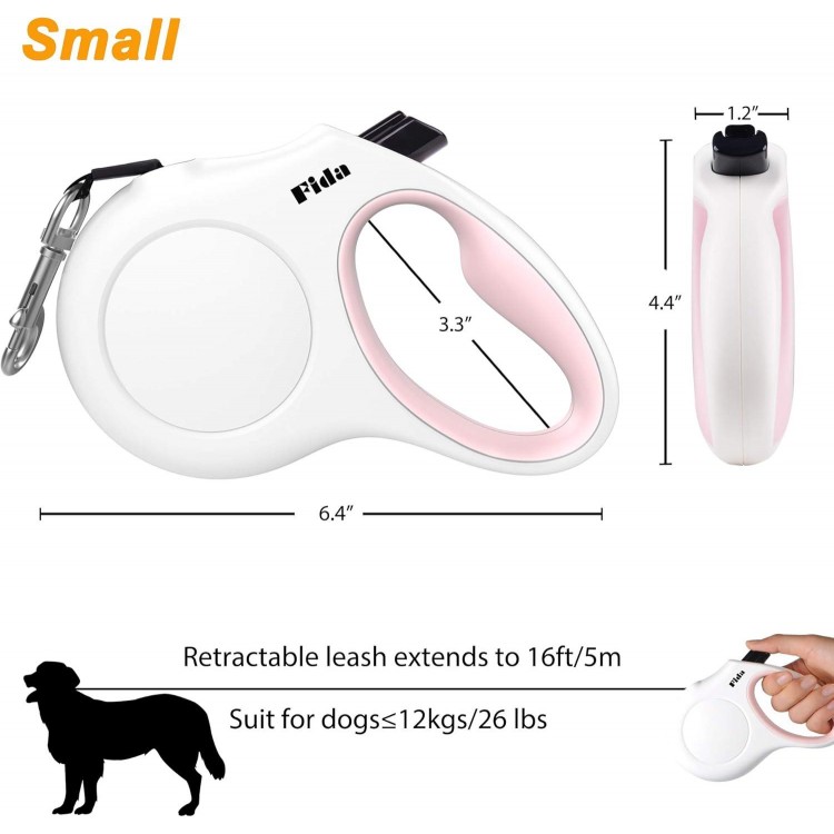 Fida Retractable Dog Leash for Small Breed up to 26 lbs, 16 ft Pet Walking Leash with Dispenser and Poop Bags, Anti-Slip Handle, Reflective Strong Nylon Tape, One-Handed Brake (S, White & Pink)