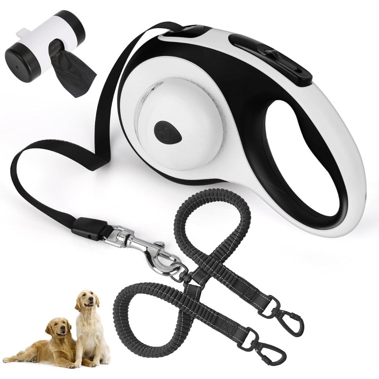 Dual Retractable Dog Leash for 2 Large Dogs (Up to 110LBS Each) - Double Headed Pet Leash with Poop Bags and LED Light, One Button Brake & Lock, 360 Tangle-Free (White, Large)