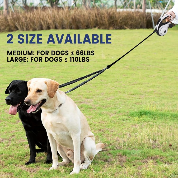 Dual Retractable Dog Leash for 2 Large Dogs (Up to 110LBS Each) - Double Headed Pet Leash with Poop Bags and LED Light, One Button Brake & Lock, 360 Tangle-Free (White, Large)