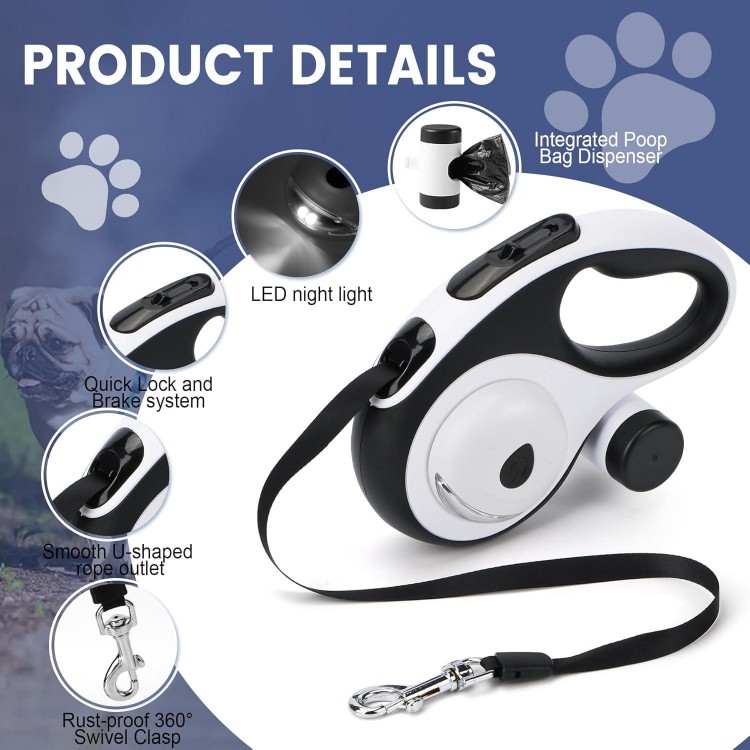 Dual Retractable Dog Leash for 2 Large Dogs (Up to 110LBS Each) - Double Headed Pet Leash with Poop Bags and LED Light, One Button Brake & Lock, 360 Tangle-Free (White, Large)