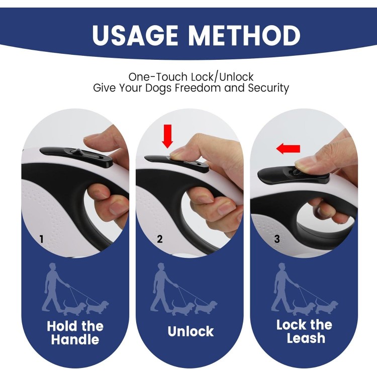 Dual Retractable Dog Leash for 2 Large Dogs (Up to 110LBS Each) - Double Headed Pet Leash with Poop Bags and LED Light, One Button Brake & Lock, 360 Tangle-Free (White, Large)