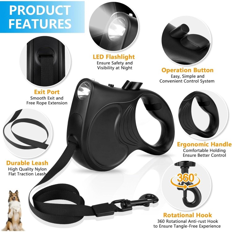 Retractable Dog Leash with Flashlight 16ft Walking Leash for Dogs up to 77lbs, 360° Tangle-Free Nylon Tape Anti-Slip Handle -Black