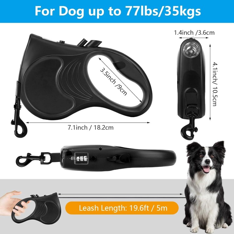 Retractable Dog Leash with Flashlight 16ft Walking Leash for Dogs up to 77lbs, 360° Tangle-Free Nylon Tape Anti-Slip Handle -Black